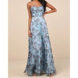 Lulu's Most Beautiful Day Strapless Organza Floral Maxi Dress Lace-Up Back Large
